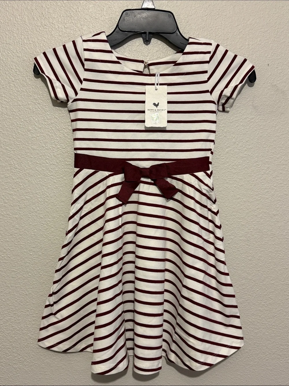Hope & Henry Girls' Skater Striped Ribbon Waist Dress Independence Day Organic